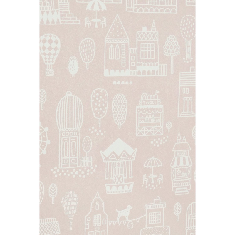 Majvillan Wallpaper Little Town Pink (Pre-Order; Est. Delivery in 2-3 Weeks)