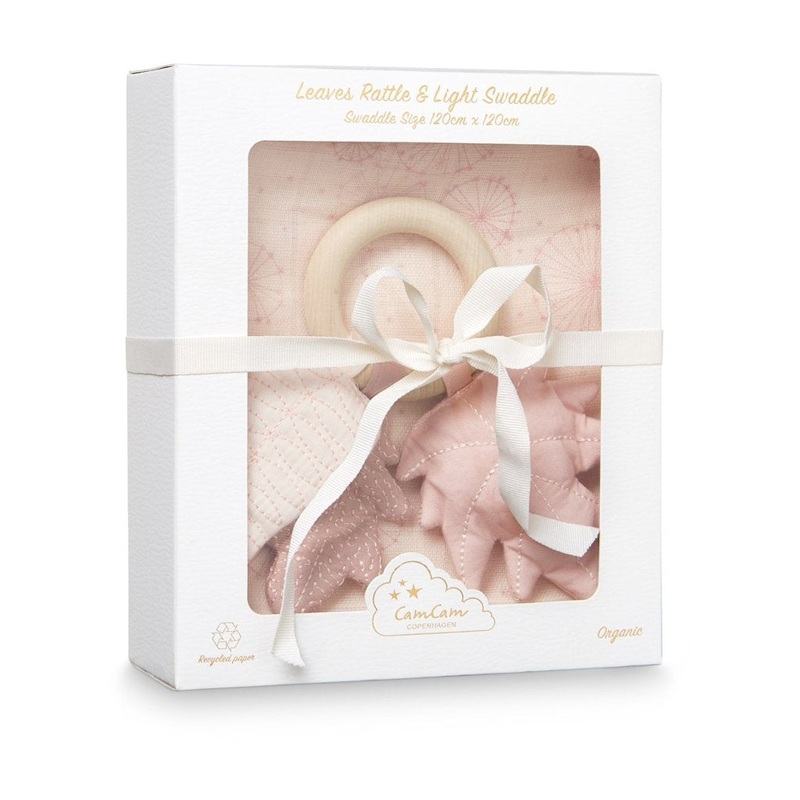 Cam Cam Copenhagen Gift Box w/ Printed Swaddle and Leaves Rattle Dandelion Rose