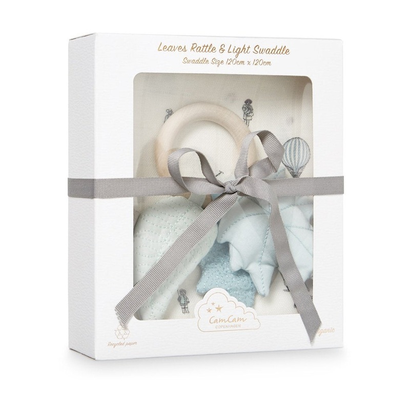 Cam Cam Copenhagen Gift Box w/ Printed Swaddle and Leaves Rattle Holiday