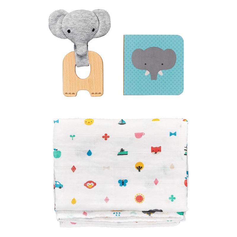 Petit Collage Little Elephant Baby Gift Set (A Teether, a Muslin and a Board Book)