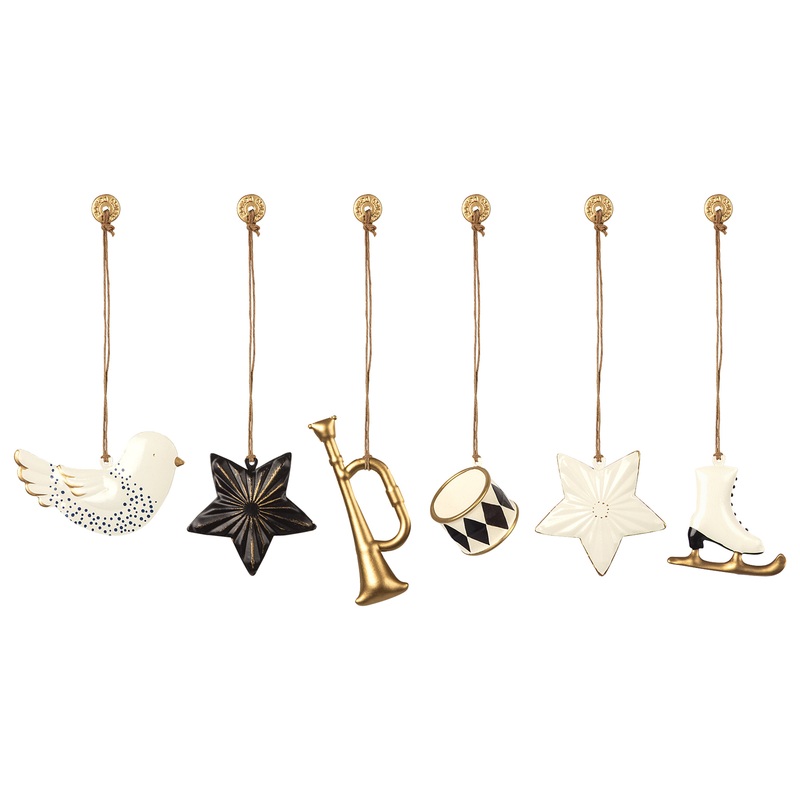 Maileg 6 Metal Ornaments in Box Anthracite/Gold