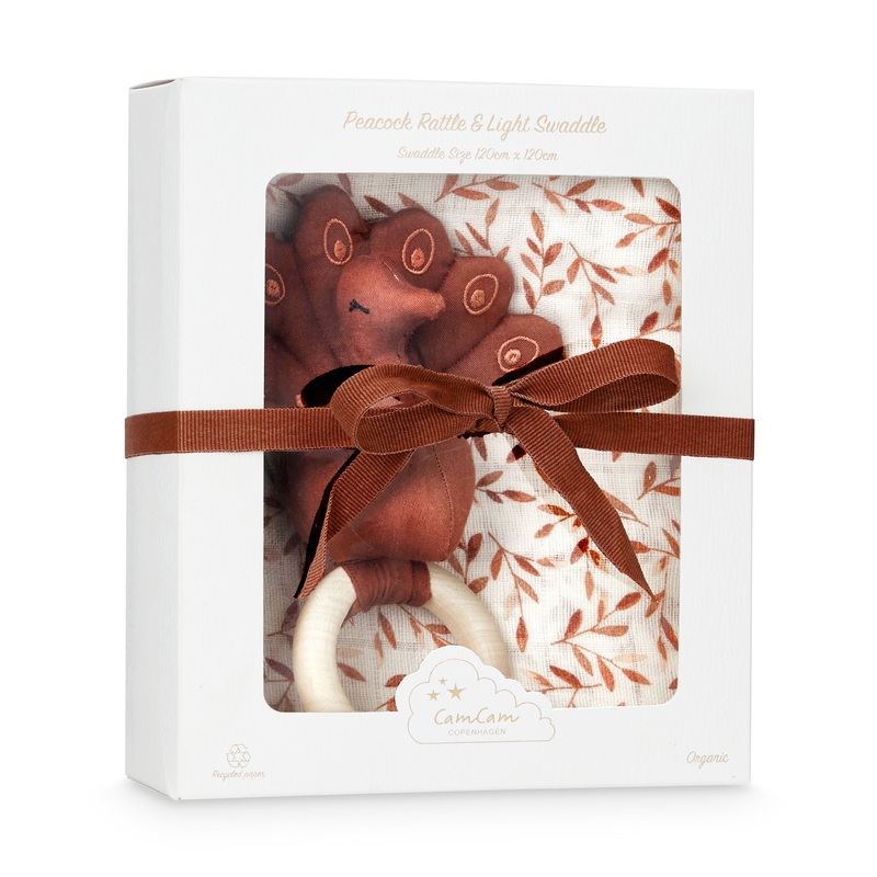 Cam Cam Copenhagen Gift Box w/ Printed Swaddle And Peacock Rattle Caramel Leaves