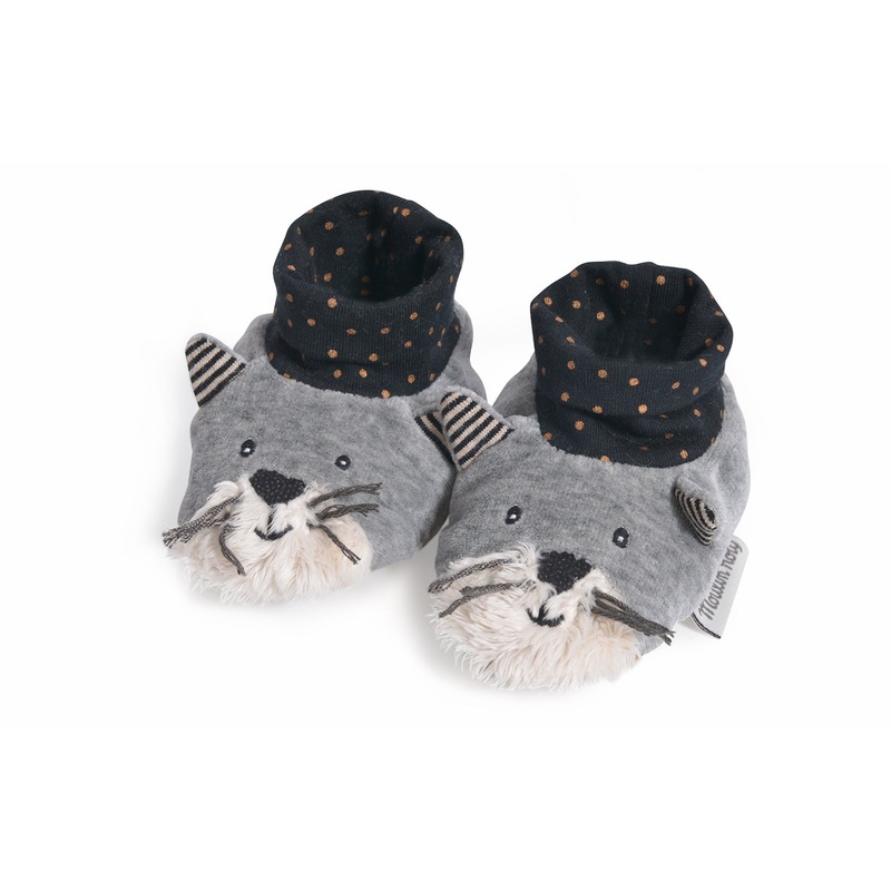 Moulin Roty Les Moustaches Cat Light Grey Baby Slippers