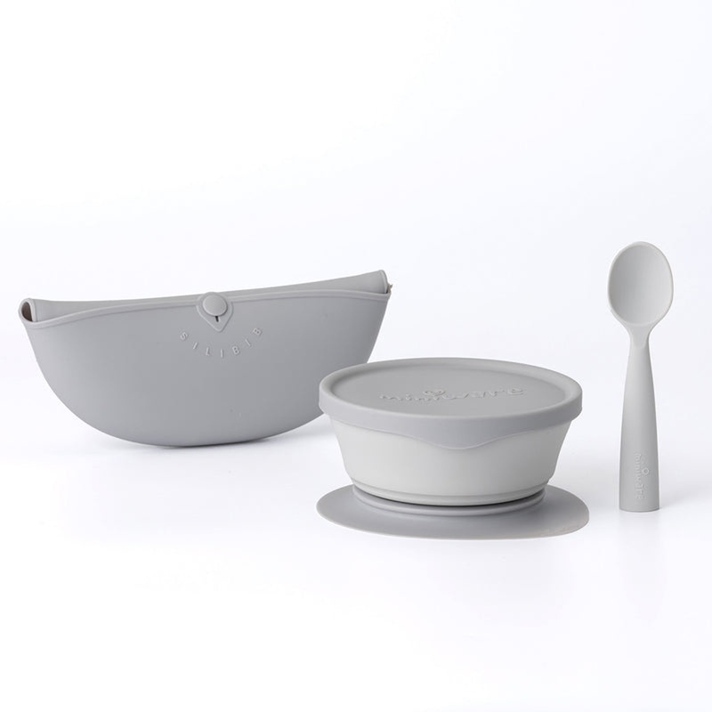 Miniware First Bite Deluxe Set - Silicone Bib + Cereal Bowl + Silicone Lid + Training Spoon + Detachable Suction Foot in Grey