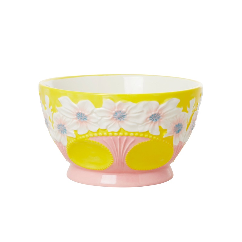 Rice DK Medium Ceramic Bowl with Embossed Flower Design - Yellow