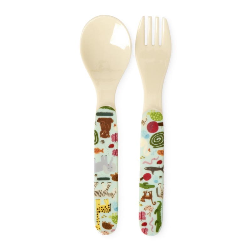 Rice DK Kids Melamine Spoon and Fork with Wildlife Print - Mint