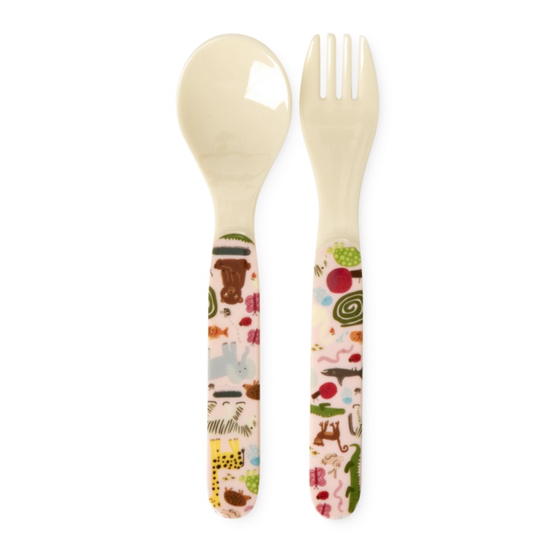 Rice DK Kids Melamine Spoon and Fork with Wildlife Print - Pink