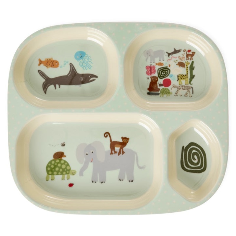 Rice DK Melamine Kids 4 Room Plate with Wildlife Print - Mint