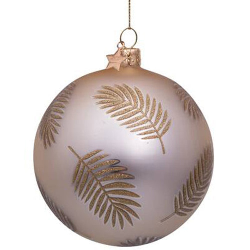 Bauble Glass Champagne Matt w/ Tropical Glitter Leaves H8cm