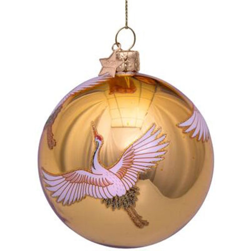 Bauble Glass Shiny Gold w/ Crane Birds All Over H8cm