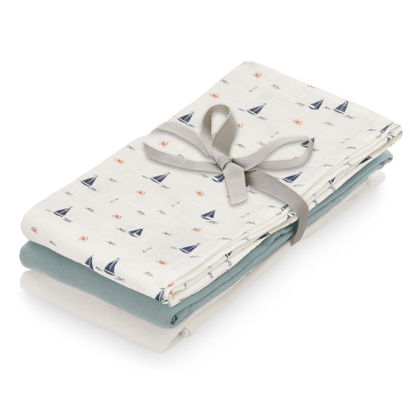 Cam Cam Copenhagen Muslin Cloth, 3-Pack - Gots Mix Sailboats, Petroleum, Crme White