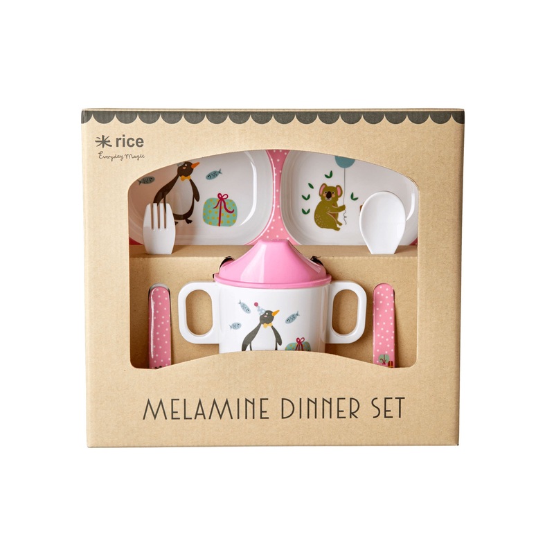 Rice DK Melamine Baby Dinner Set In Gift Box - Party Animal Print - 4 pcs - Pink