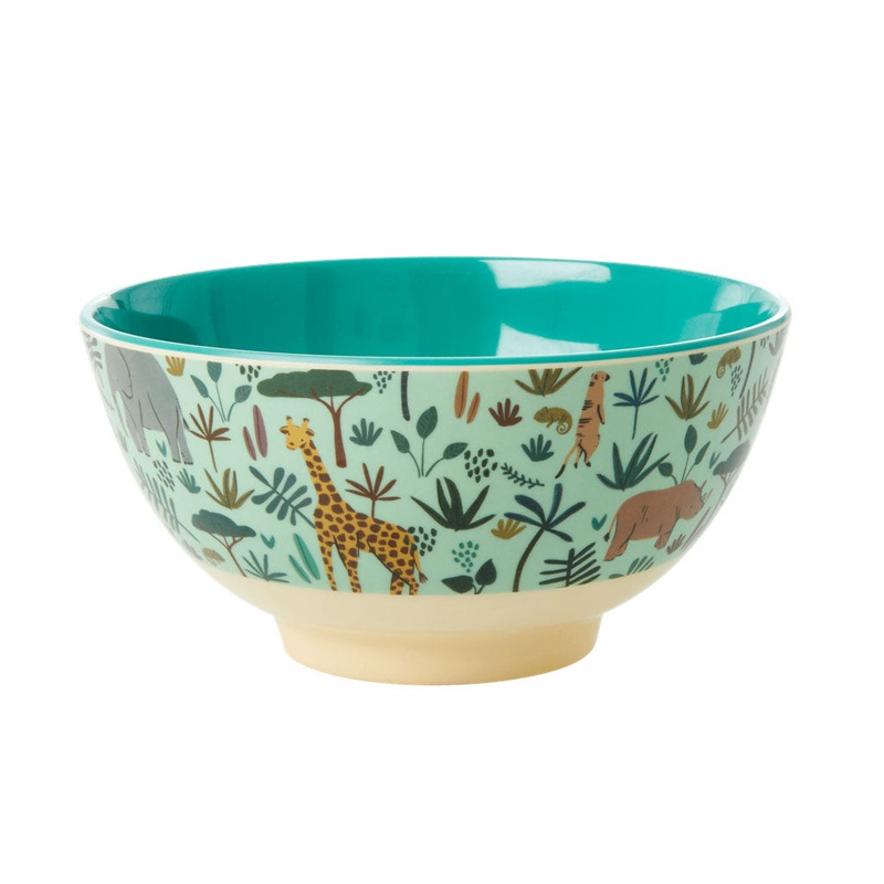 Rice DK Melamine Bowl with Green All Over Jungle Animals Print - Two Tone - Medium