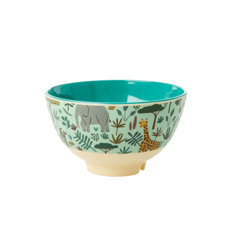 Rice DK Melamine Bowl with Green All Over Jungle Animals Print - Two Tone - Small