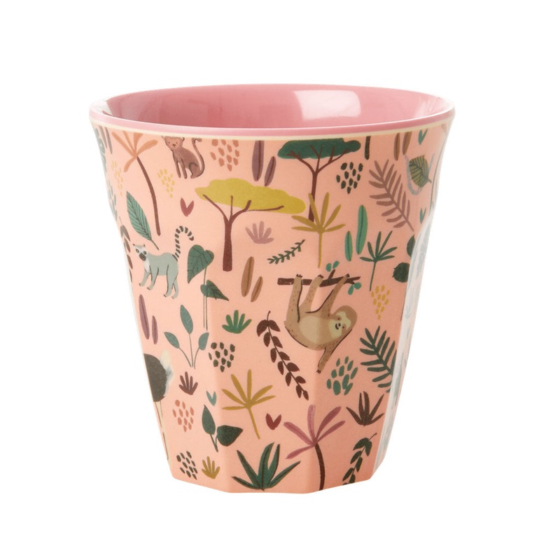 Rice DK Melamine Cups with Coral All Over Jungle Animals Print - Two Tone - Medium