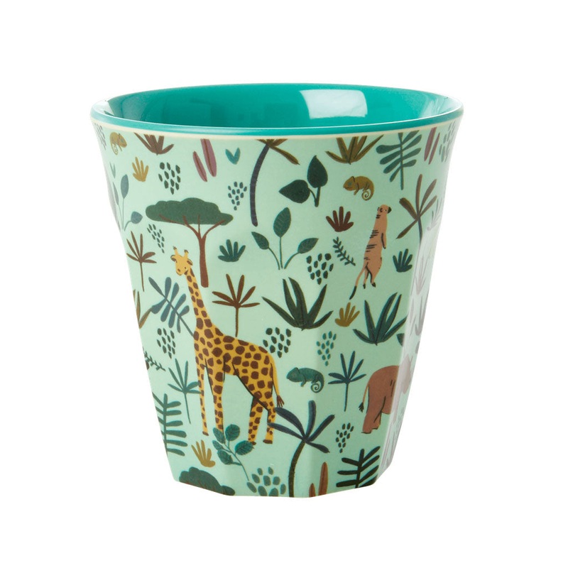 Rice DK Melamine Cups with Green All Over Jungle Animals Print - Two Tone - Medium