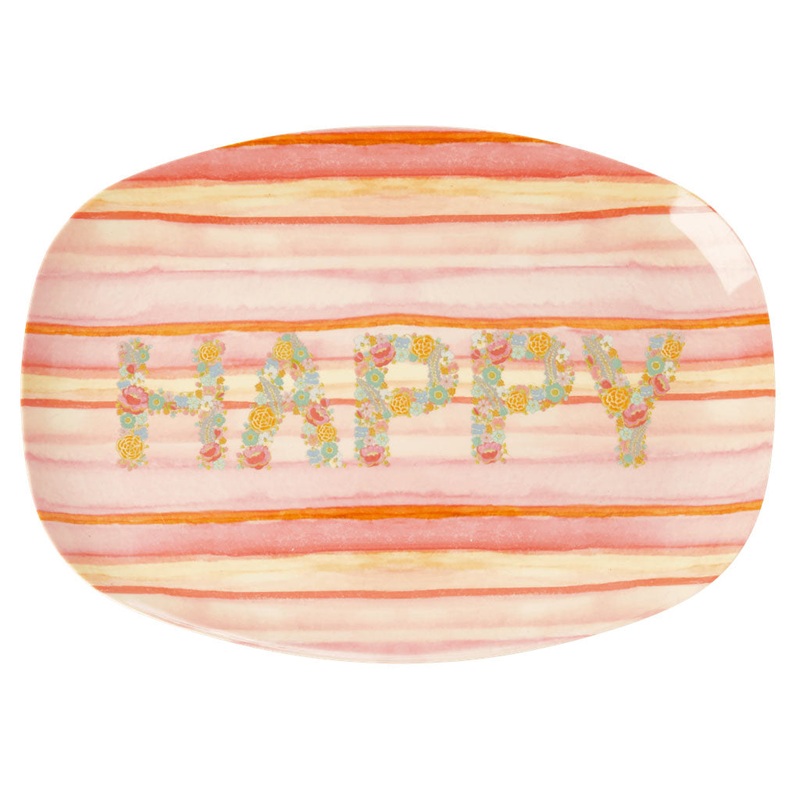 Rice DK Melamine Rectangular Plate with Pink 'Happy' Print
