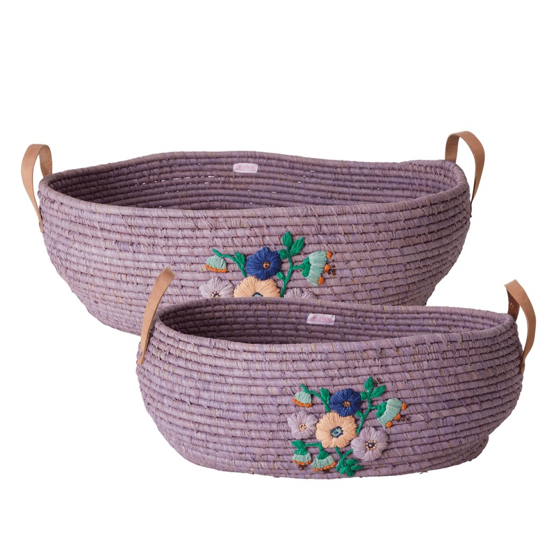 Rice DK Raffia Big Oval Basket with Hand Embroidered Flowers and Leather Handle (1pc)