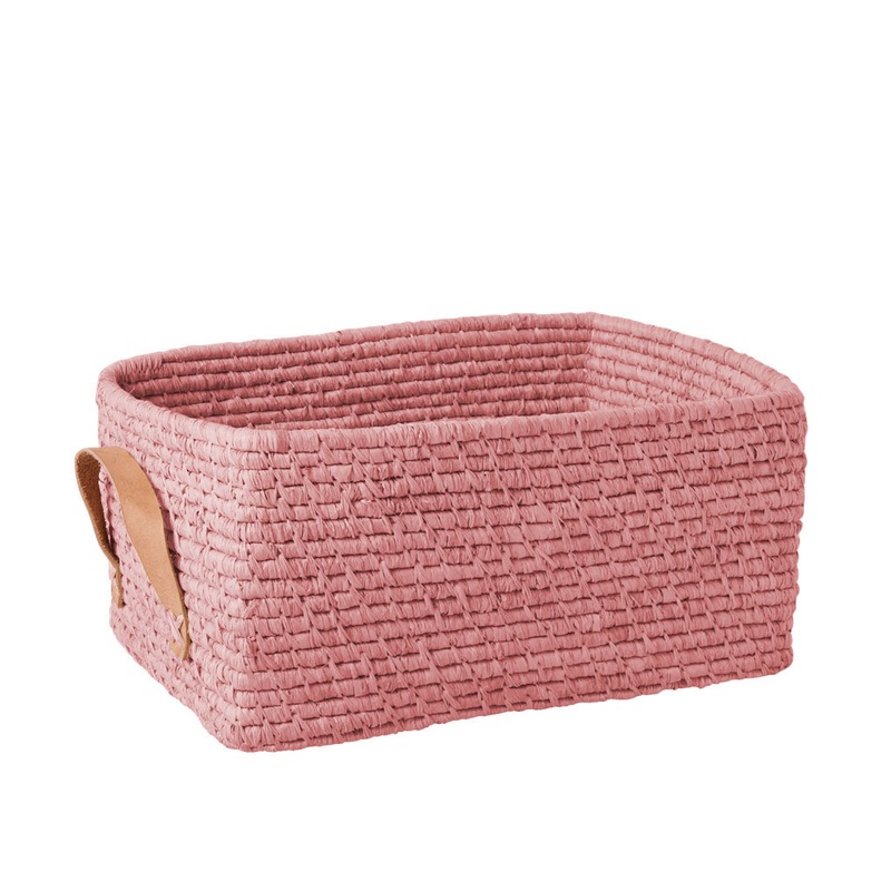 Rice DK Raffia Rectangular Basket with Leather Handles - Soft Pink