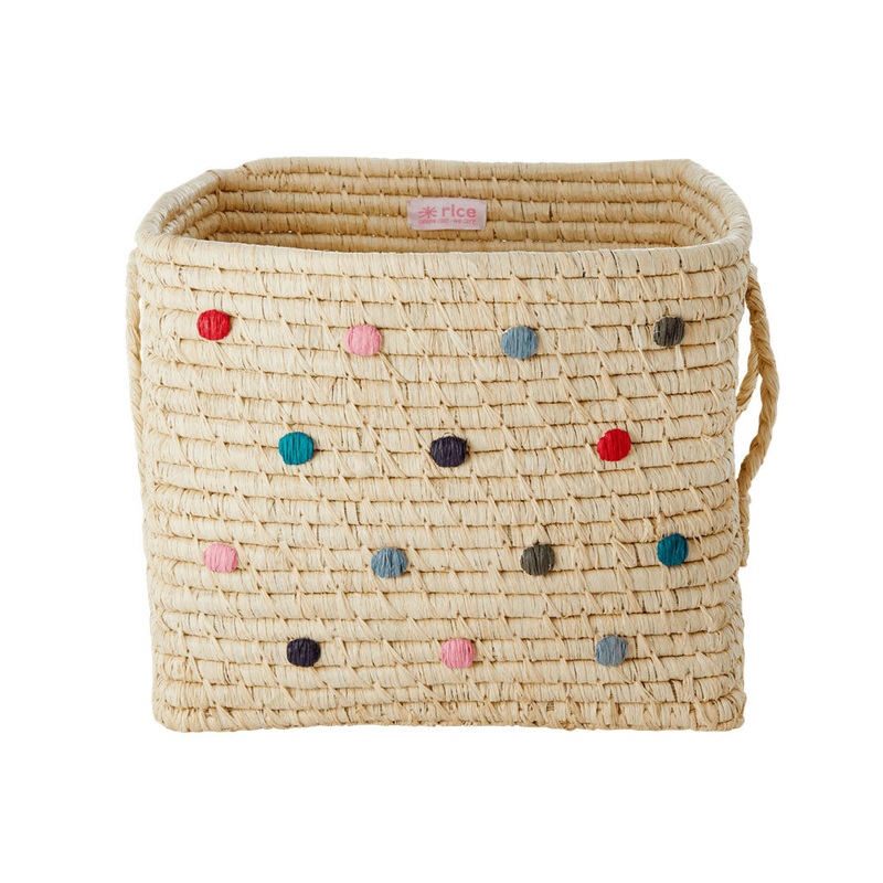 Rice DK Raffia Square Basket with Raffia Handles - Dots In 'Believe In Red Lipstick'