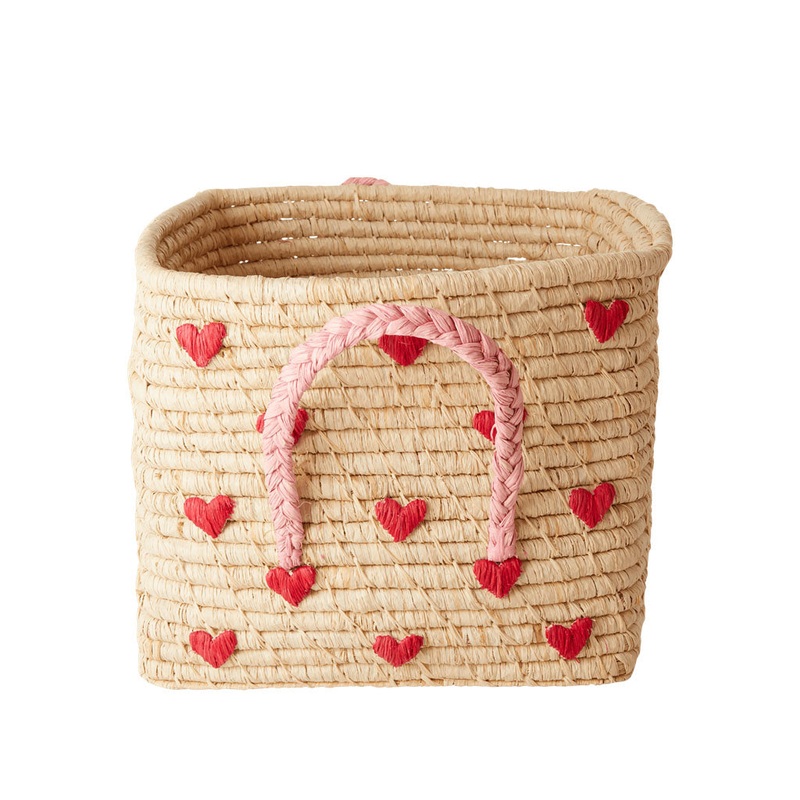 Rice DK Raffia Square Basket with Raffia Handles - Hearts