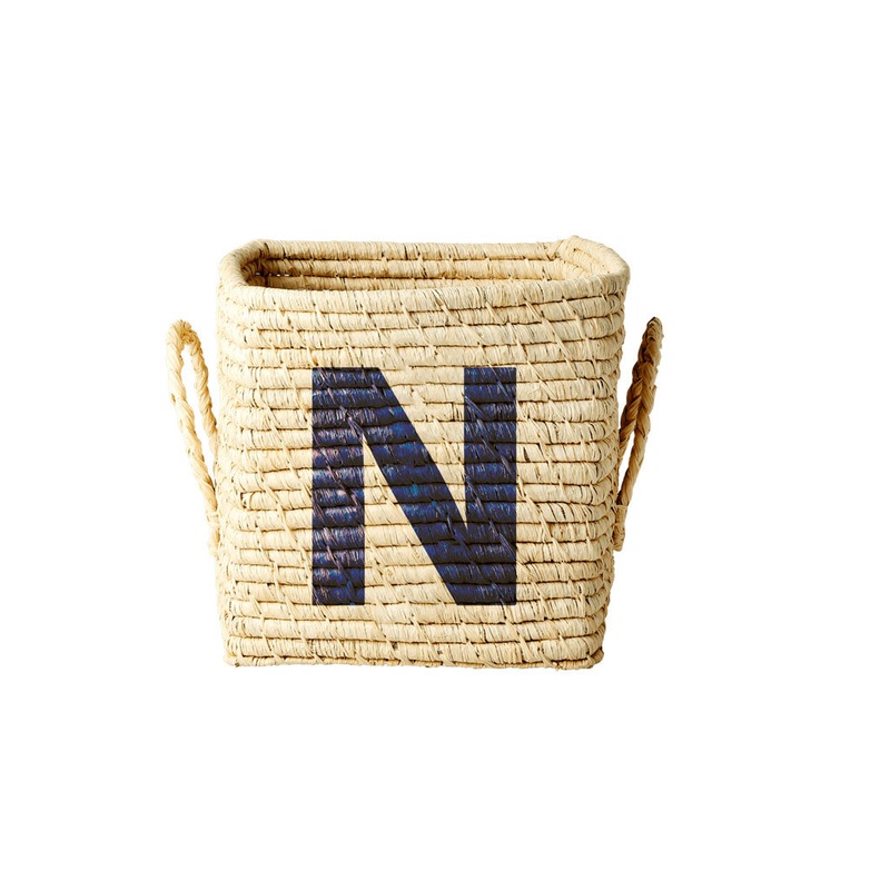 Rice DK Square Raffia Basket with Painted Letter N