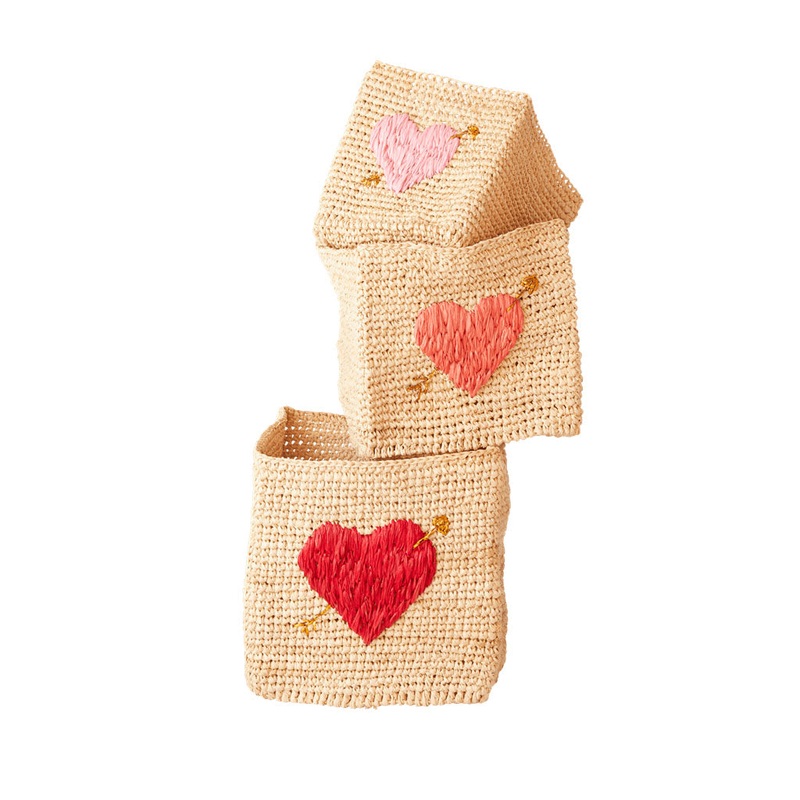 Rice DK Square Raffia Small Storage with Heart - Set of 3