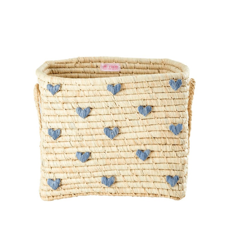 Rice DK Raffia Square Basket with Blue Hearts - Raffia Handles