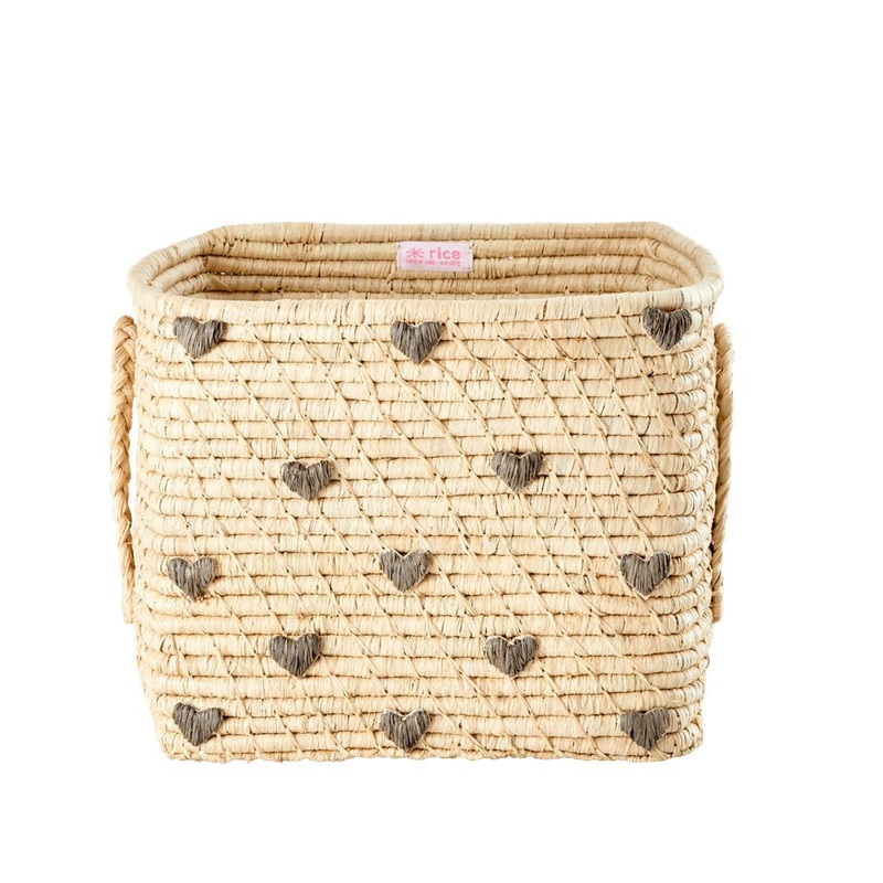 Rice DK Raffia Square Basket with Dark Grey Hearts - Raffia Handles
