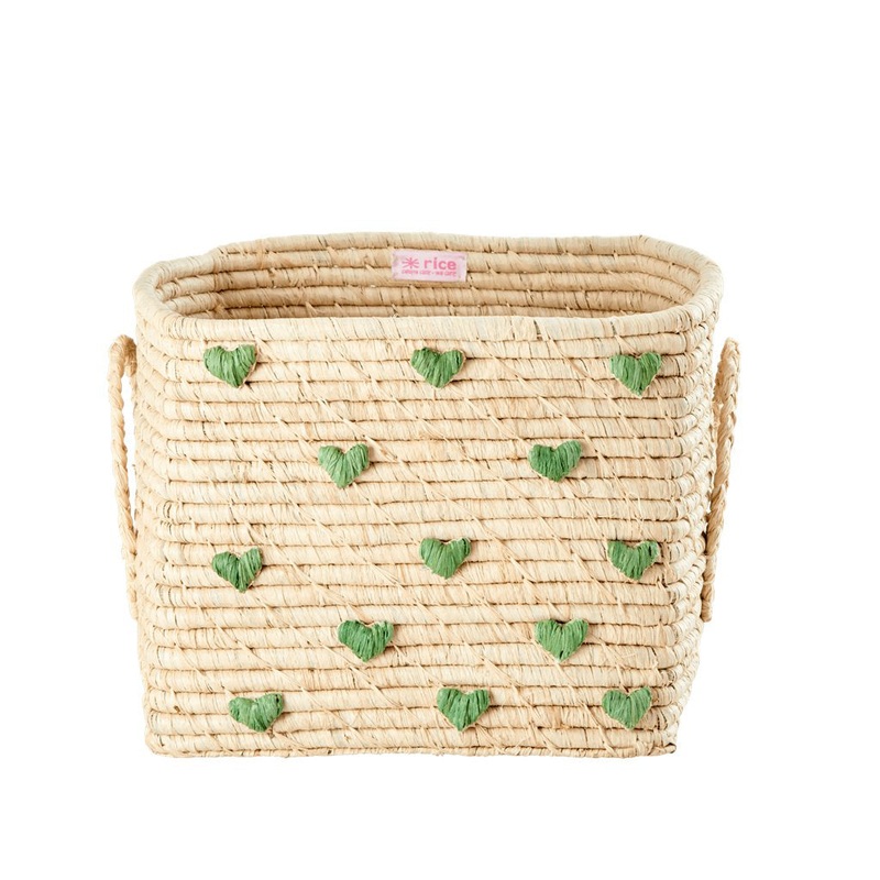 Rice DK Raffia Square Basket with Green Hearts - Raffia Handles