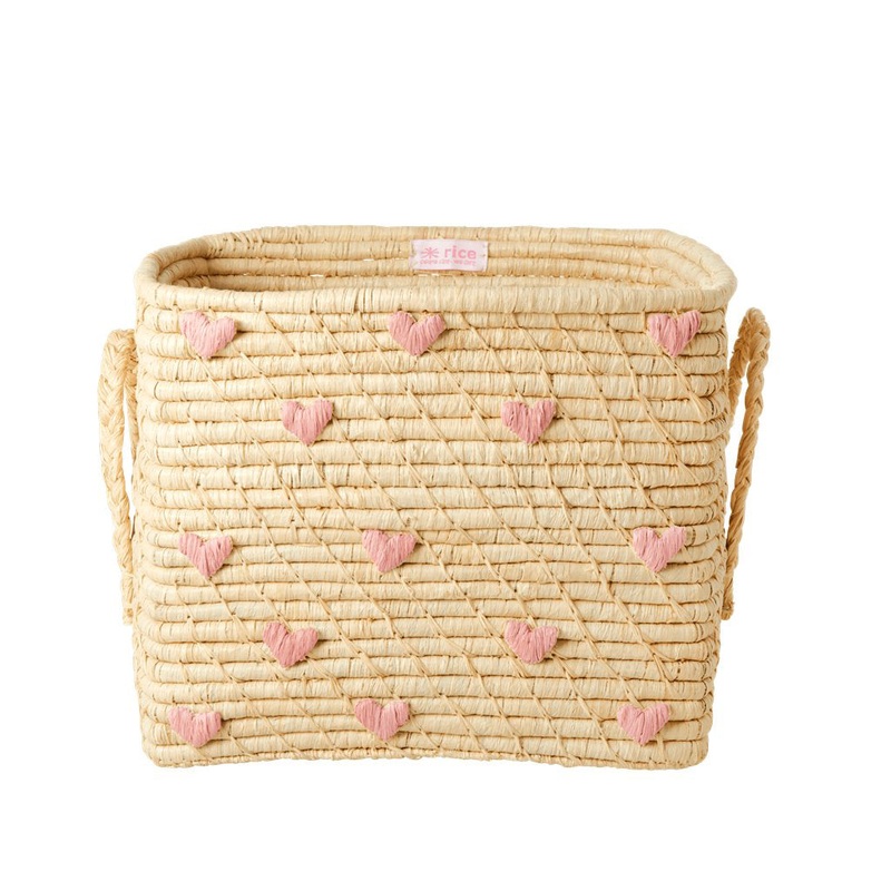 Rice DK Raffia Square Basket with Pink Hearts - Raffia Handles