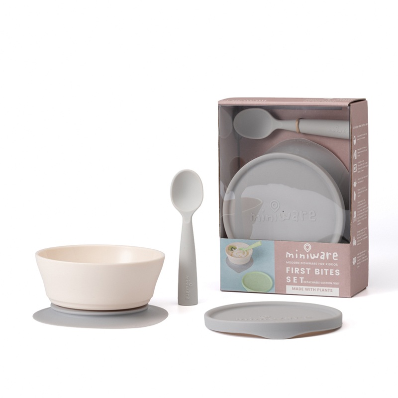 Miniware First Bite Set - PLA Cereal Suction Bowl Vanilla + Silicone Spoon and Cover in Grey