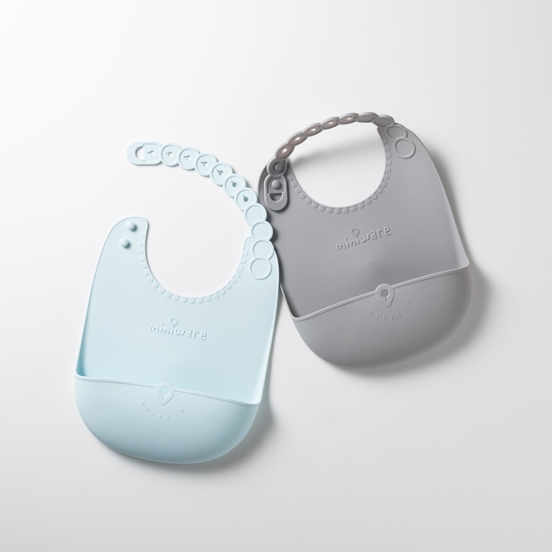 Miniware Roll & Lock Bib (Set of 2) - Silicone Bib in Aqua + Grey