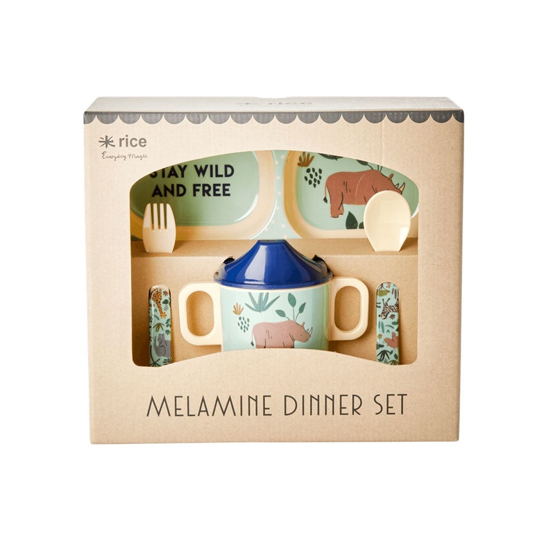 Rice DK Melamine Baby Dinner Set in Gift Box - Jungle Animals Print - 4 pcs - Blue