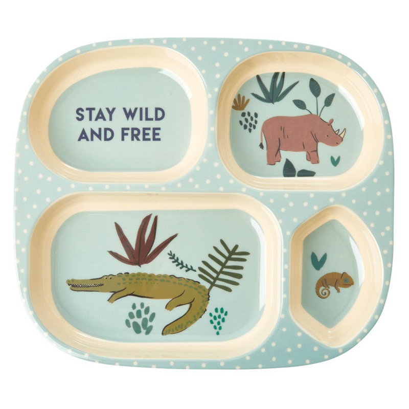 Rice DK Melamine Kids 4 Room Plate with Blue Jungle Animals Print