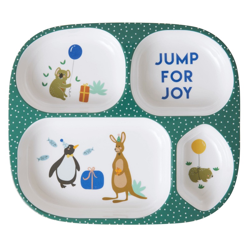 Rice DK Melamine Kids 4 Room Plate with Party Animal Print - Green
