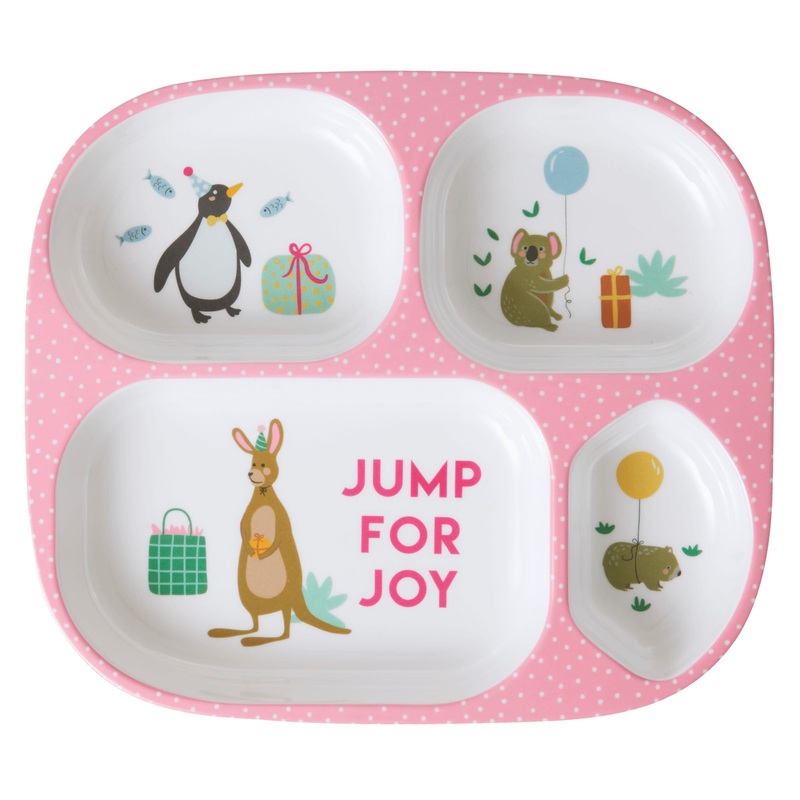 Rice DK Melamine Kids 4 Room Plate with Party Animal Print - Pink