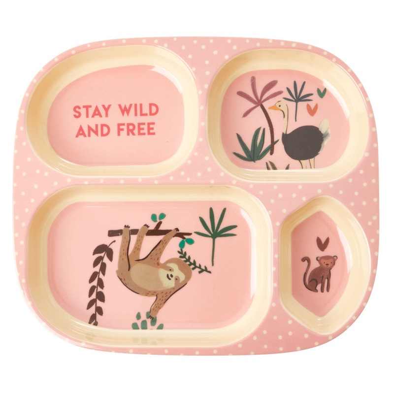 Rice DK Melamine Kids 4 Room Plate with Pink Jungle Animals Print