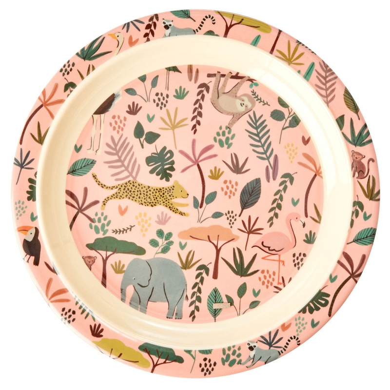 Rice DK Melamine Kids Lunch Plate in Coral with All Over Jungle Animals Print
