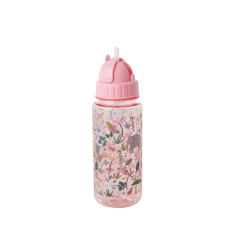 Rice DK Plastic Kids Drinking Bottle with Pink Jungle Animals Print
