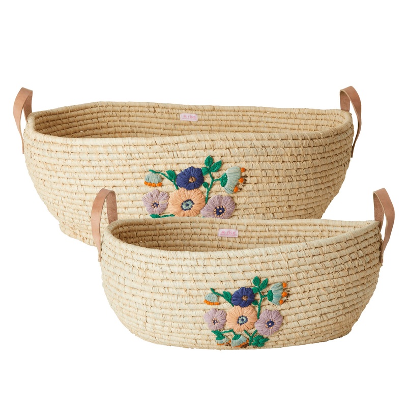 Rice DK Raffia Big Oval Basket with Handpainted Embroidered Flowers and Leather Handle