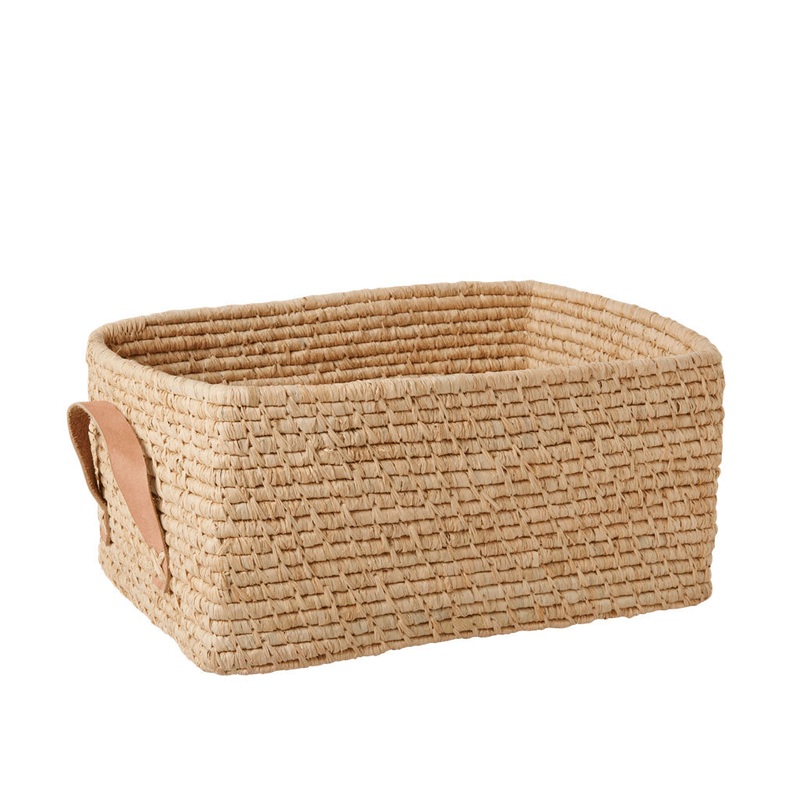 Rice DK Raffia Rectangular Basket with Leather Handles - Nature