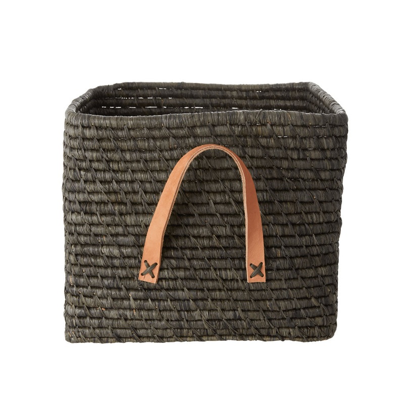 Rice DK Raffia Square Basket with Leather Handles - Dark Grey