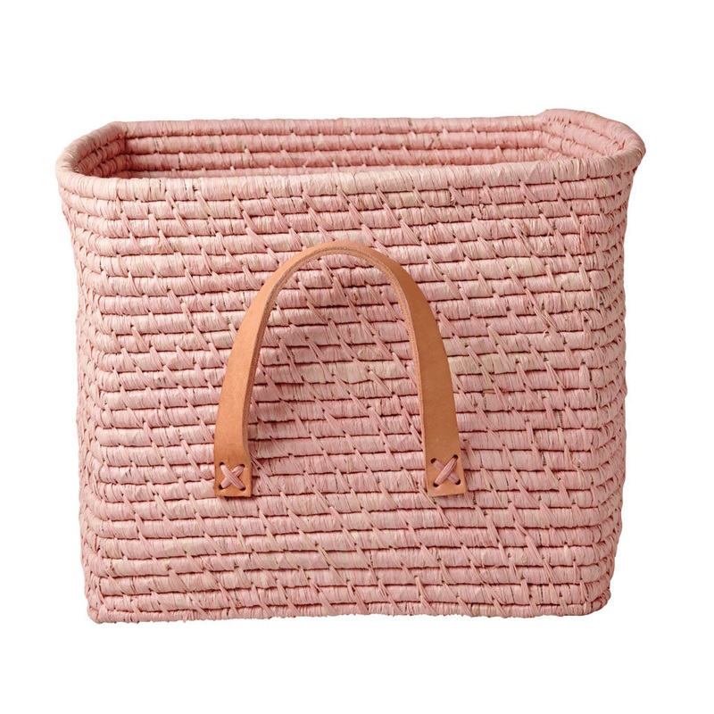 Rice DK Raffia Square Basket with Leather Handles - Soft Pink