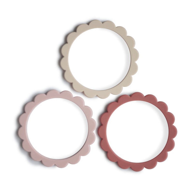 Mushie Flower Teething Bracelet 3-Pack - Blush / Rose / Shifting Sand