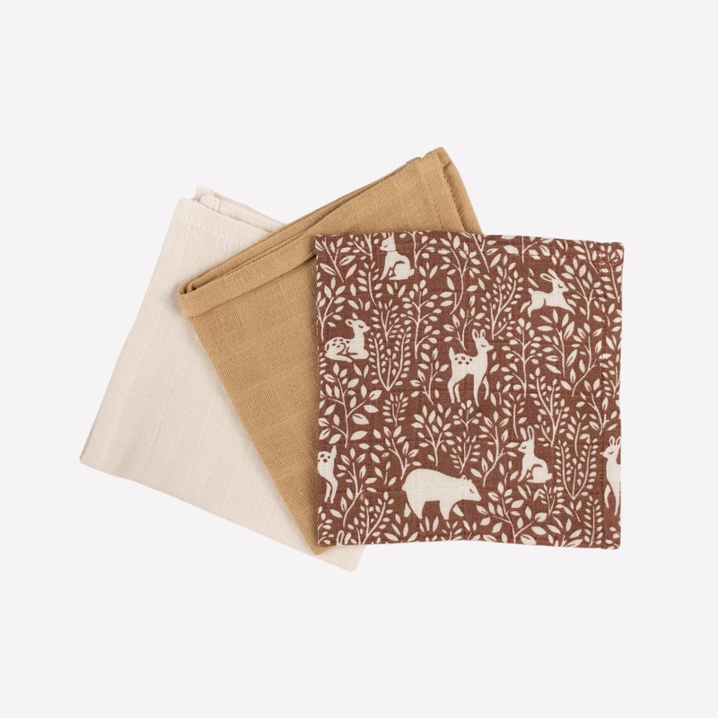 Main Sauvage 3 Pack Muslin Wipes - Woodland / Ochre / Ecru