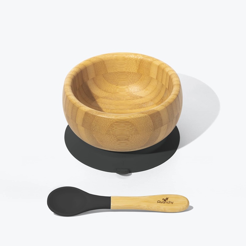 Avanchy Bamboo Suction Baby Bowl + Spoon - Black