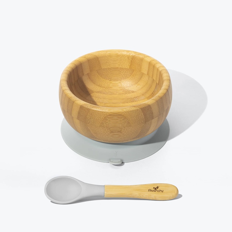 Avanchy Bamboo Suction Baby Bowl + Spoon - Grey