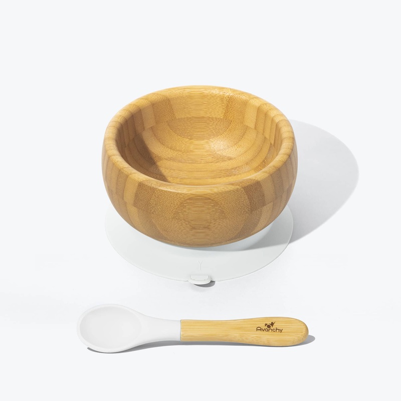 Avanchy Bamboo Suction Baby Bowl + Spoon - White