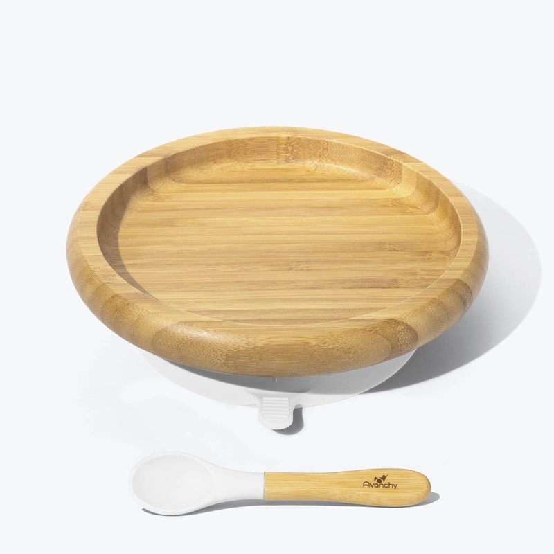 Avanchy Bamboo Suction Baby Plate + Spoon - White